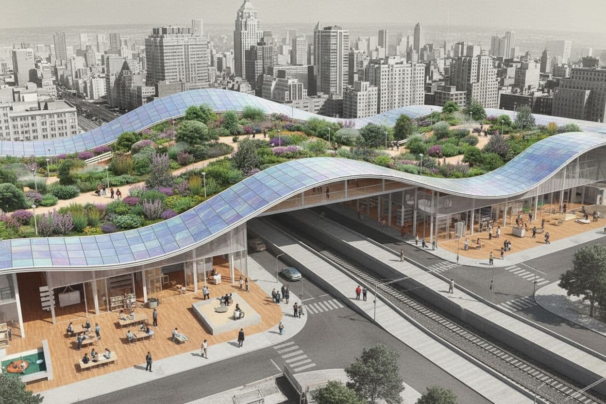 AI generated: crea una imagen de un proyecto de arquitectura urbana donde la idea central sea un espacio cubbierto...