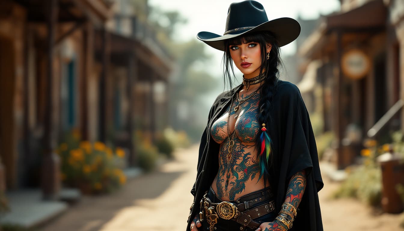 AI generated: Full body photo HD beautiful girl standing old west street, wearing a black Stetson with brim just a...