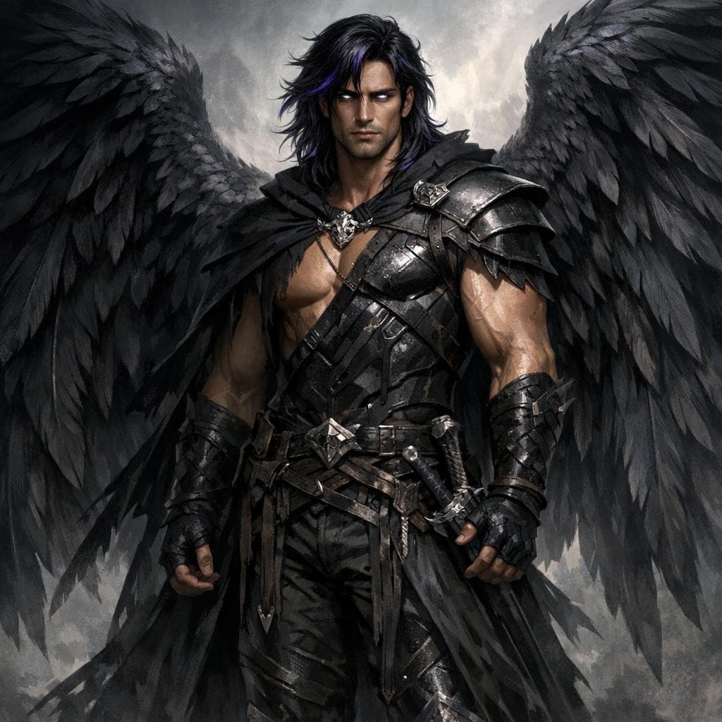 AI generated: a Male Aasimar tall, well muscled with black hair with deep violet highlights, black feathered wings