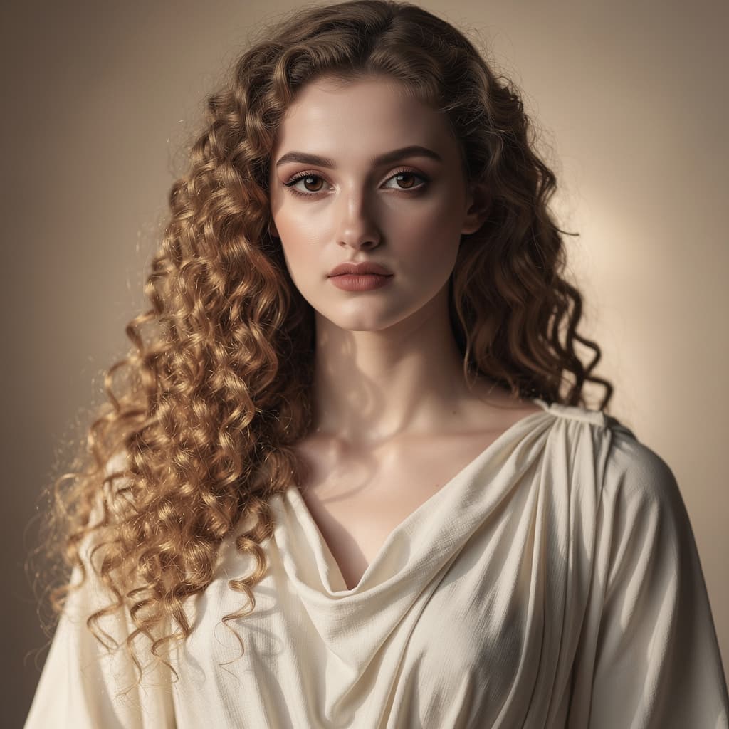 AI generated: classical Greek beauty portrait, long curly blondish brown hair, pale luminous skin like snow, large...