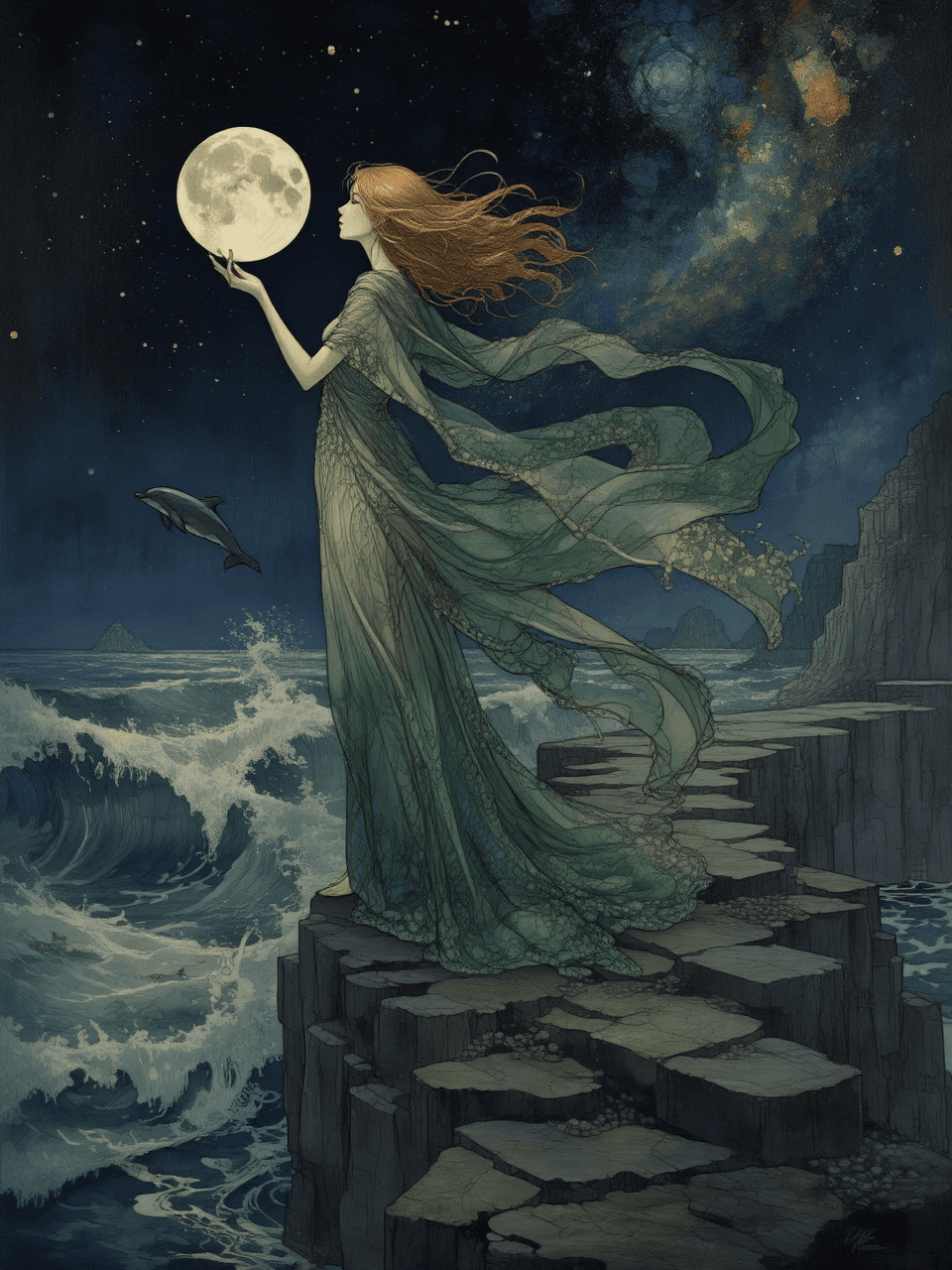 AI generated: surreal art nouveau impressionistic style image of a beautiful waif-like woman with long windblown l...