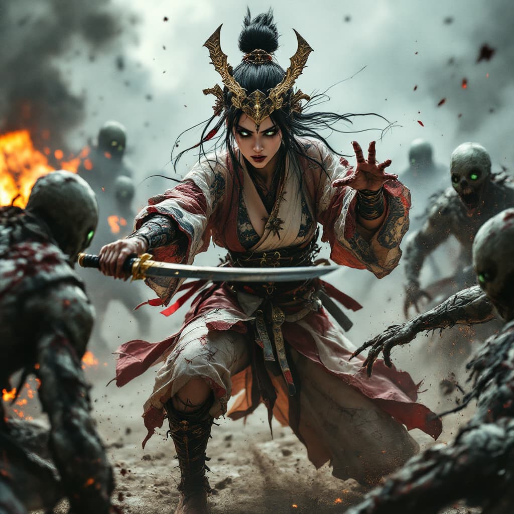 AI generated: Full body view Japanese female warrior vs zombies, Japanese female warrior, kimono-clad, adorned in ...