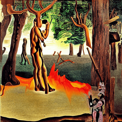 AI generated: A man chopping wood, in the forest, surrounded by lava, painted by salvador dali