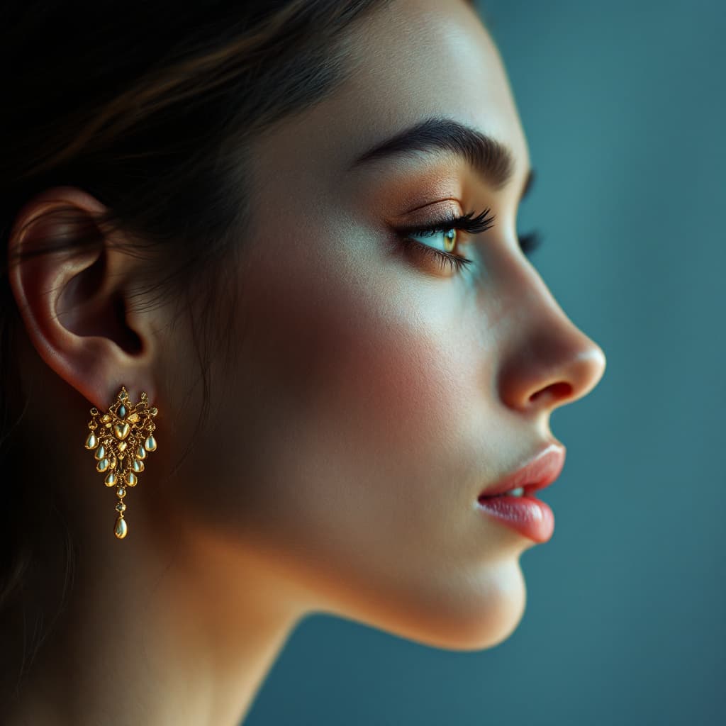 AI generated: woman side face shot showcasing gold earrings, hyper-realistic, 8k