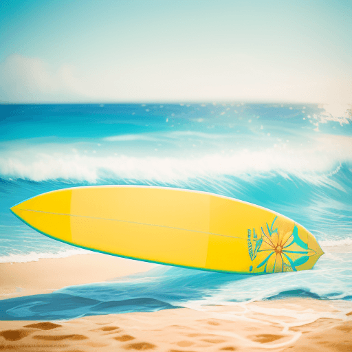 AI generated: A vividly enchanting summer scene featuring a vibrant surfboard adorned with the words "HELLO SUMMER...
