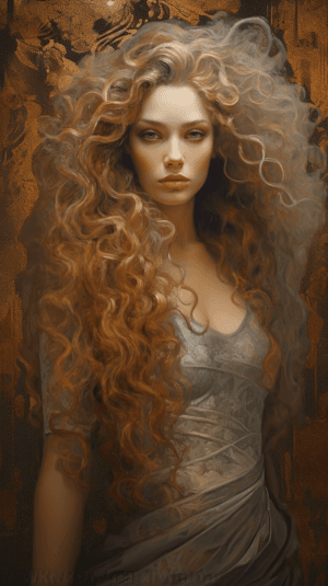 AI generated: A woman with long curly hair, in the style of Renaissance art, radiating a soft golden light, realis...