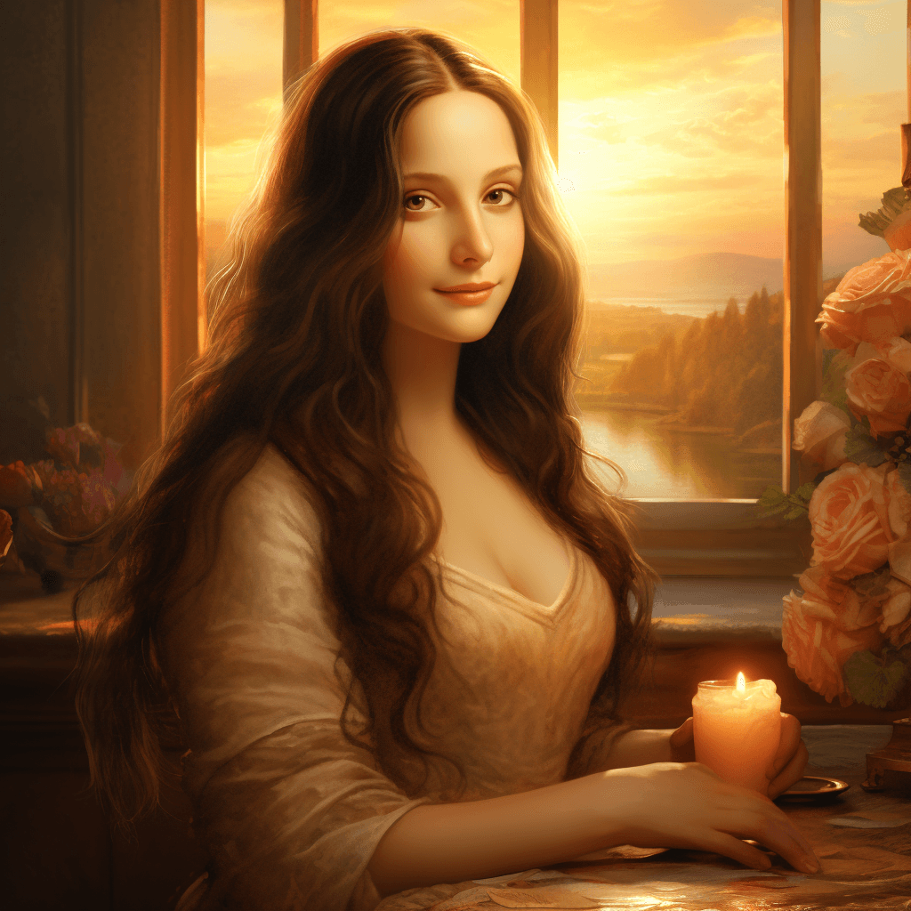 AI generated: A portrait of Mona Lisa in a romantic style, using soft colors and gentle lighting to create a dream...