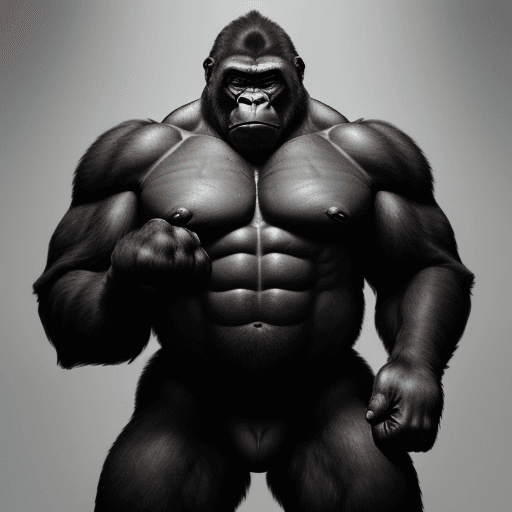 AI generated: Hyperrealistic image of an imposing gorilla with dark fur and defined muscles, lifting heavy weights...