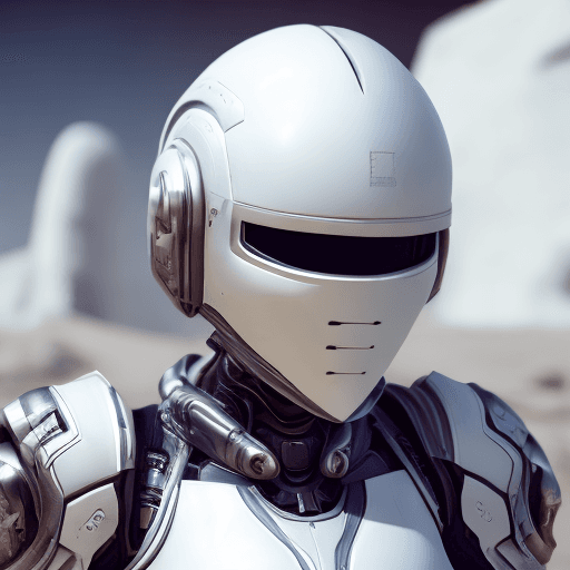 AI generated: white sci-fi female armor with cybernetic helmet, full armor, insulated armor, spacesuit, bald head,...