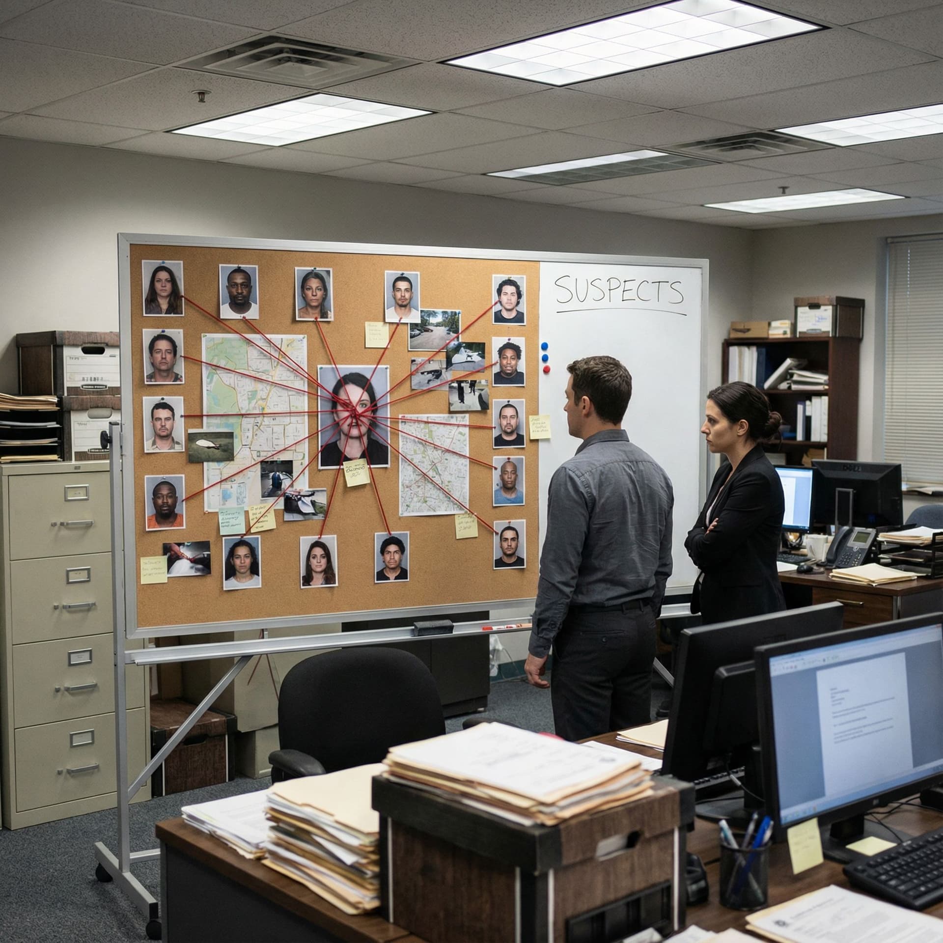 AI generated: photorealistic picture of homicide investigators. chard with 12 suspects connected to the victim wit...