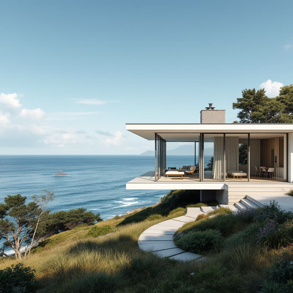 AI generated: Hyper realistic eye level exterior photo of a mid century modern style house overlooking the ocean, ...