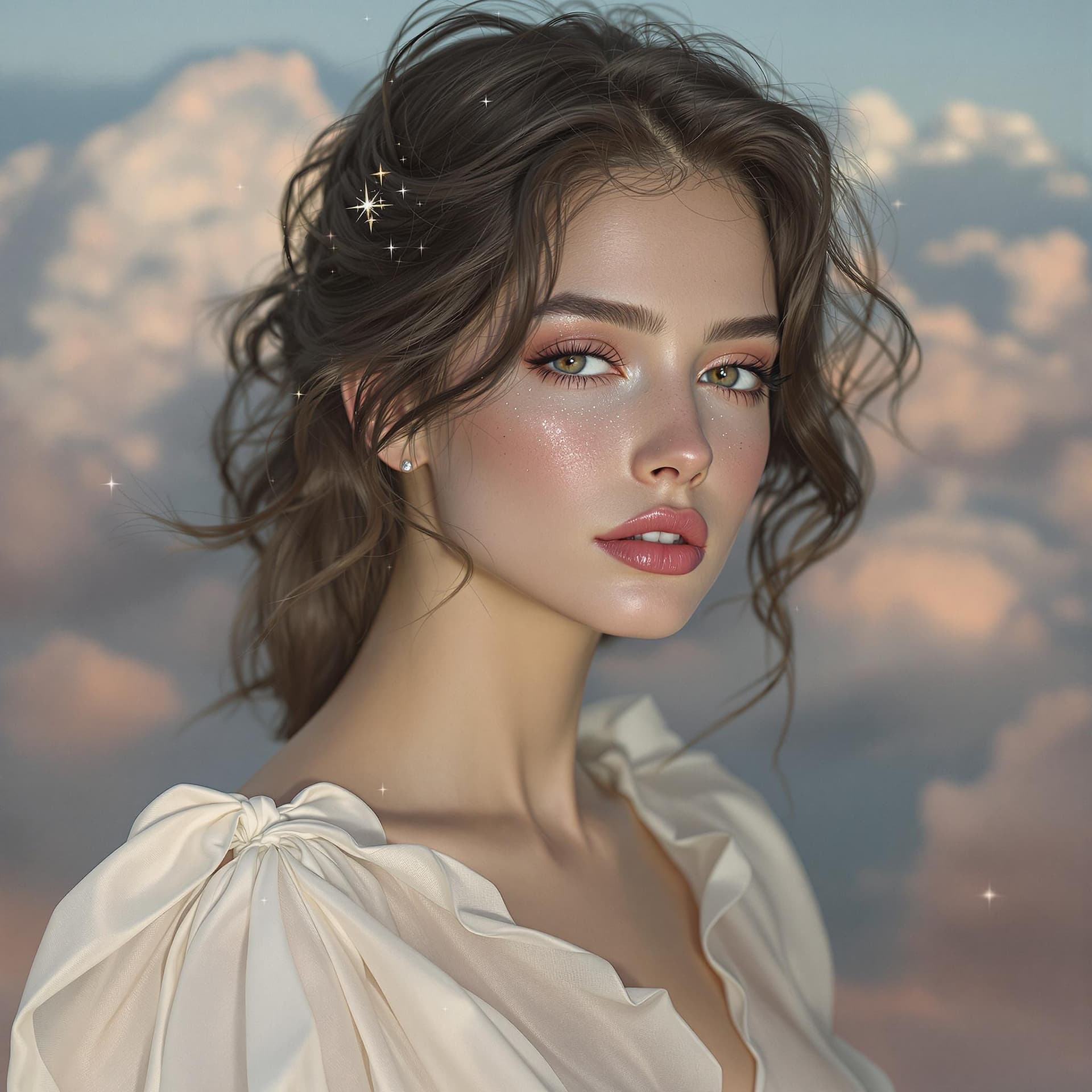 AI generated: Ein verträumtes, aber melancholisches Porträt einer eleganten jungen Frau mit dunklem, welligem Haar...