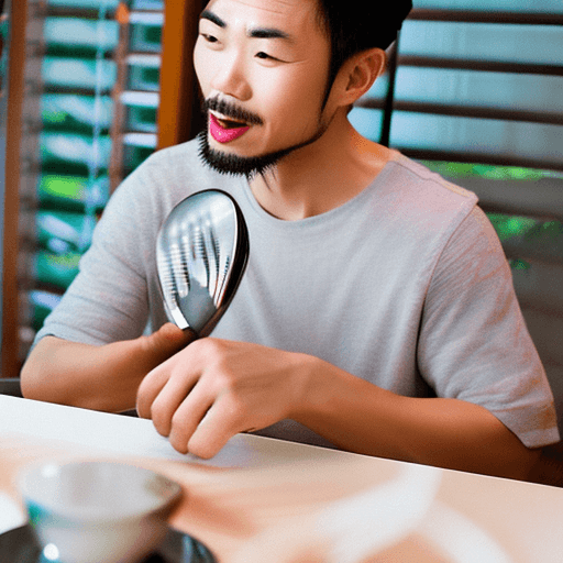 AI generated: Japanese handsome man sits at the table and he is bringing up a spoon to his mouth
