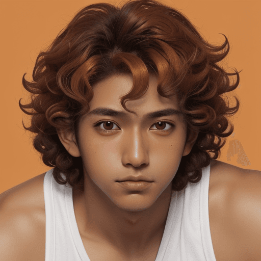AI generated: boy 8 years, tanned skin, dark brown eyes, orange sweat, curly hair in anime style