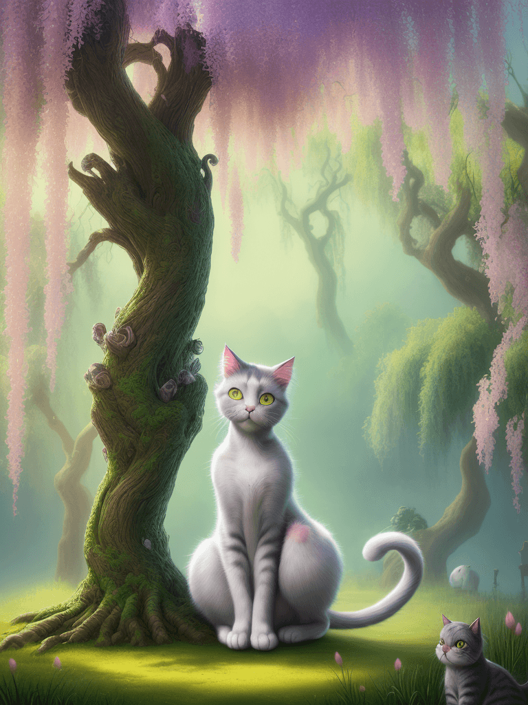 AI generated: Digital art of a beautiful cat, with a long furry tail, under a weeping willow, cartoon style, Matte...