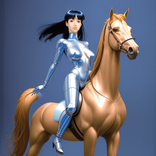AI generated: girl with horse, blue background, Hajime Sorayama style --v 5.2
