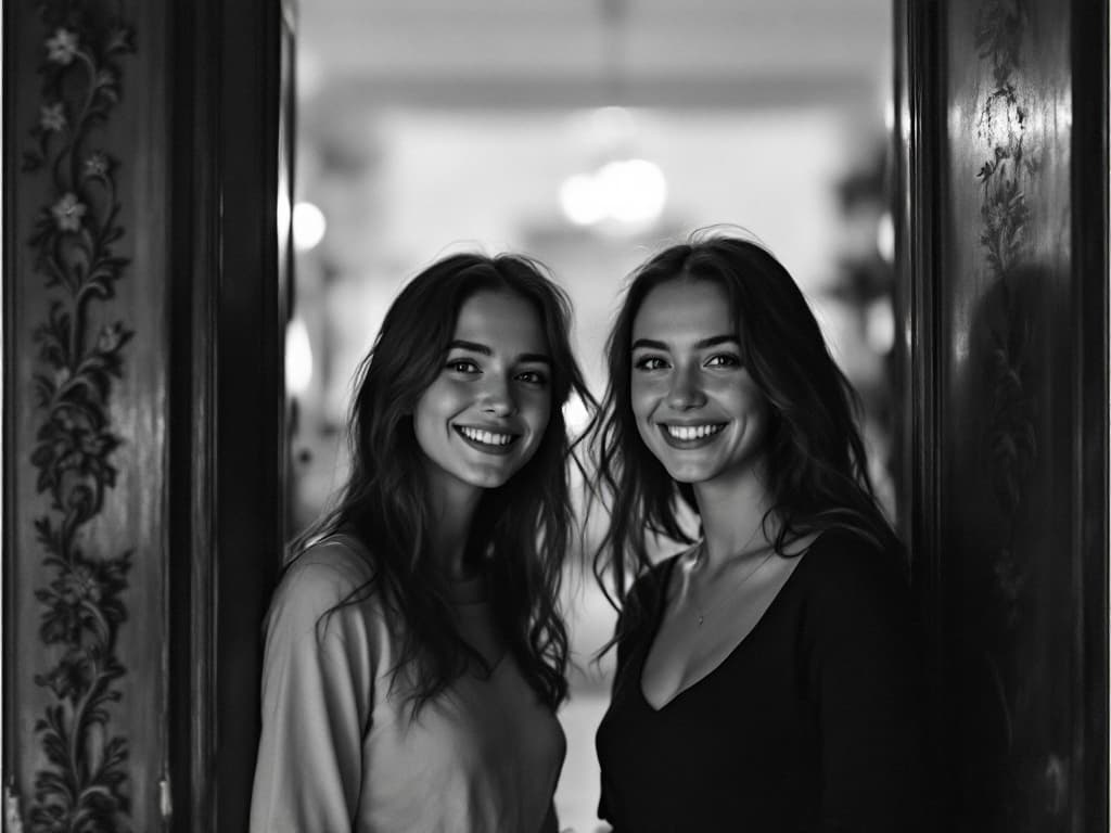 AI generated: two young women smiling at the camera, through the door, black and white portrait photo