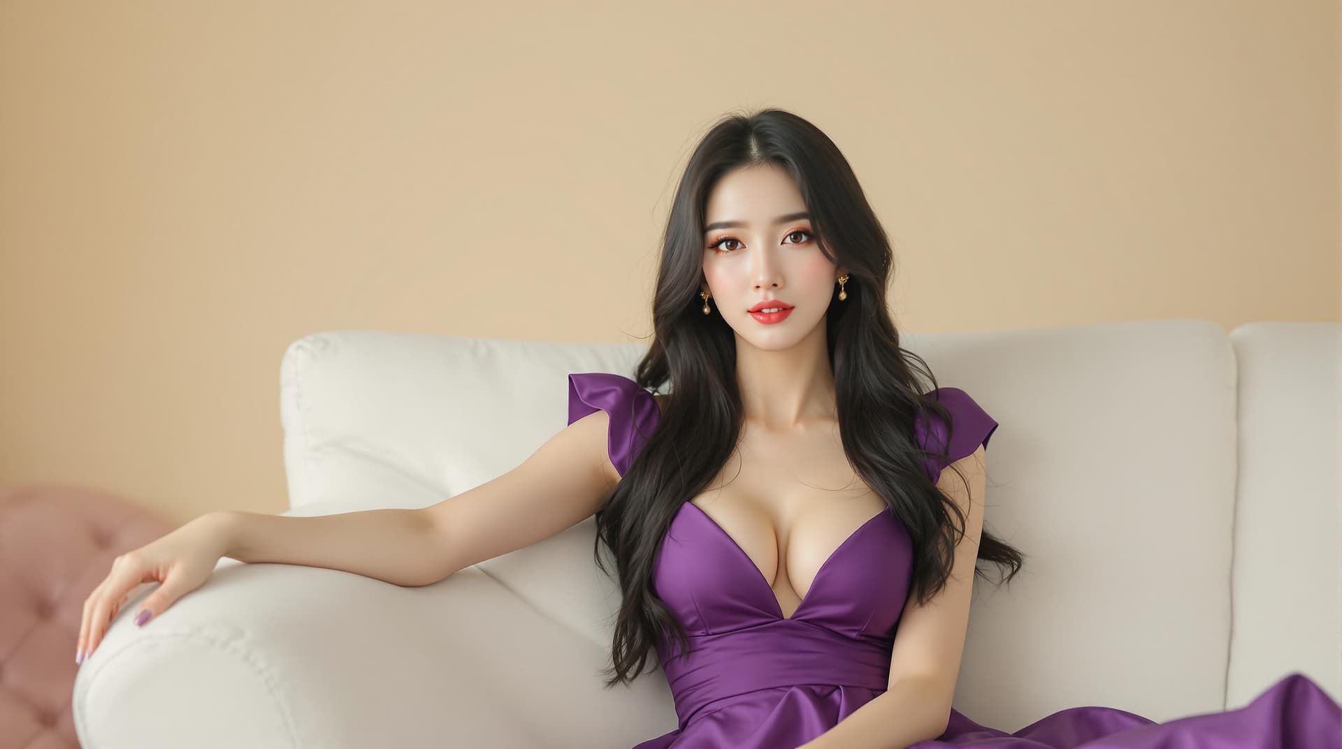 AI generated: A photo-realistic 8K shot of a glamorous Korean woman in a purple dress, reclining on a white couch ...