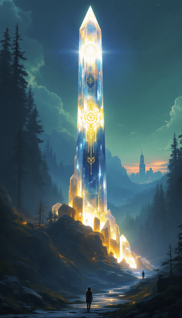 AI generated:  Imagine a tall, slender tower of gleaming crystal rising from a dark forest, seen fully from ground...