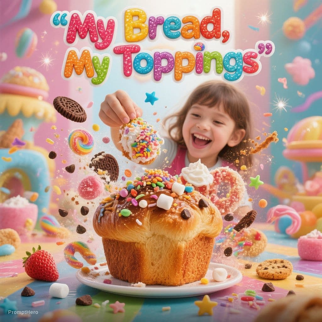 AI generated: A premium commercial advertisement poster for a DIY topping bread snack designed for Generation Alph...