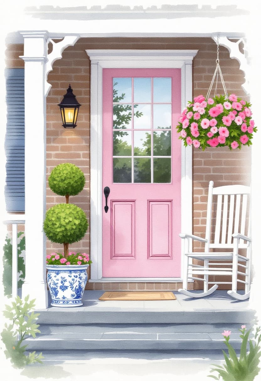 AI generated: Create a watercolor painting using pastel colors of a front porch of a house. The door is pink with ...