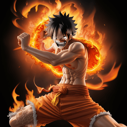 AI generated: One piece Luffy gear 5 in incendiary display of fire enveloping bending to his will, vibrant colored...