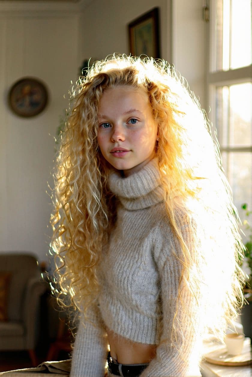 AI generated: lovely girl with long blonde curly soft hair, wears a mohair turtleneck crop-top, morning sunlight i...