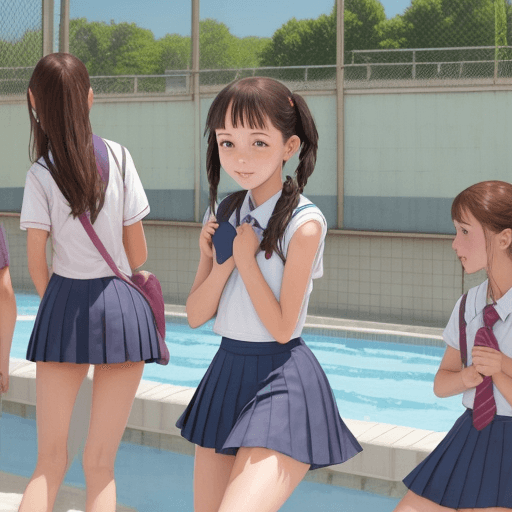AI generated: petite school girl, sweating,  school, talking with hers friends close to the pools, cute, summer