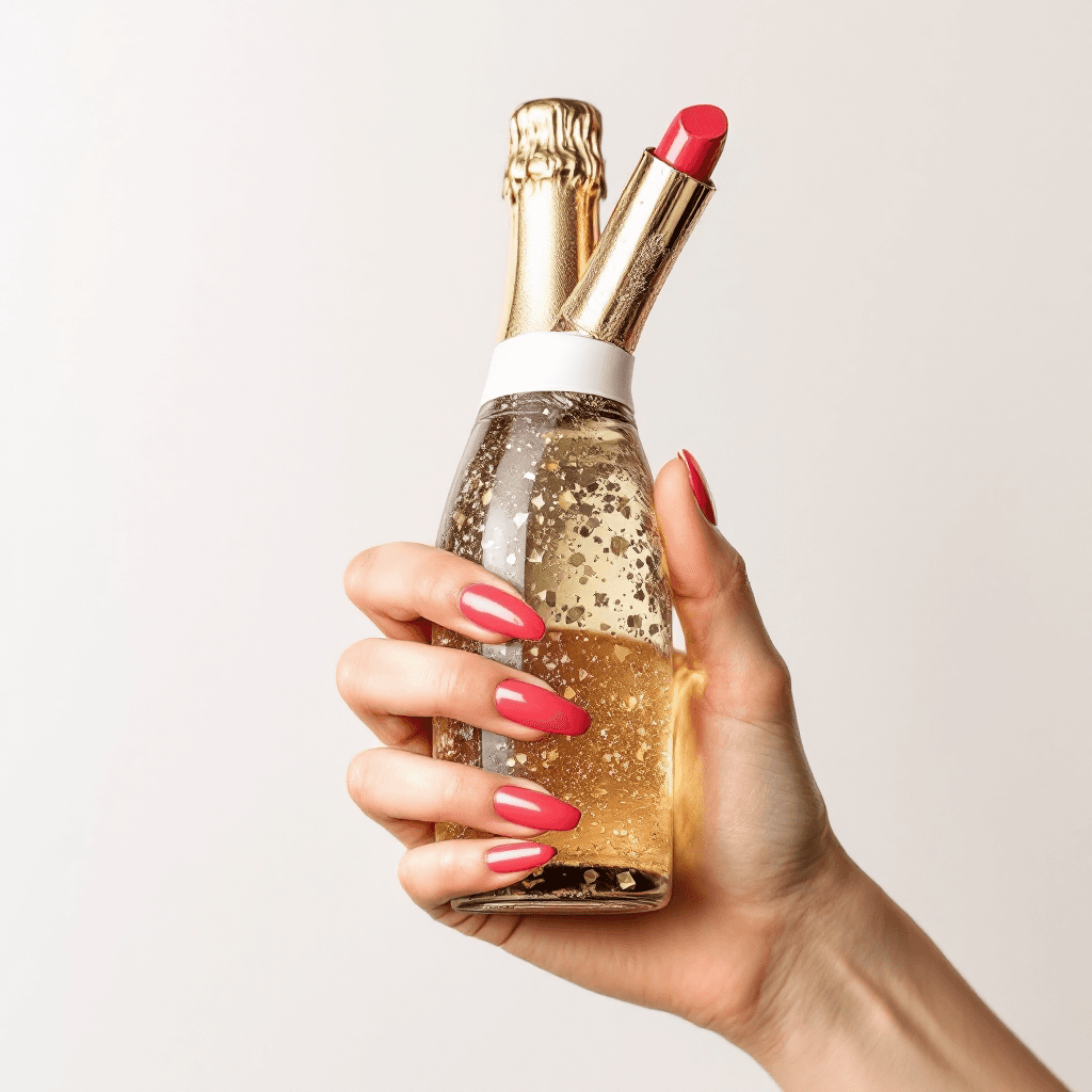 AI generated: champagner bottle withe a lipstick kiss on it, the bottle in ahand of woman withe long nails