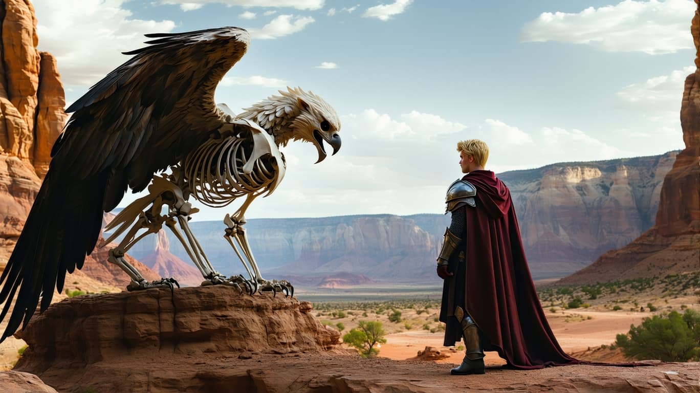 AI generated: Image is a fantasy scene featuring a large, majestic griffin with a lion's body and an eagle's head ...