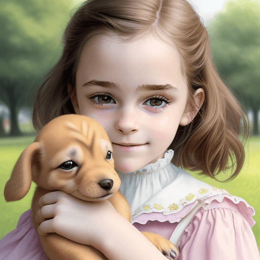 AI generated: A picture of a young girl holding a small puppy, inspired by Emma Watson, enchanting eyes details, g...