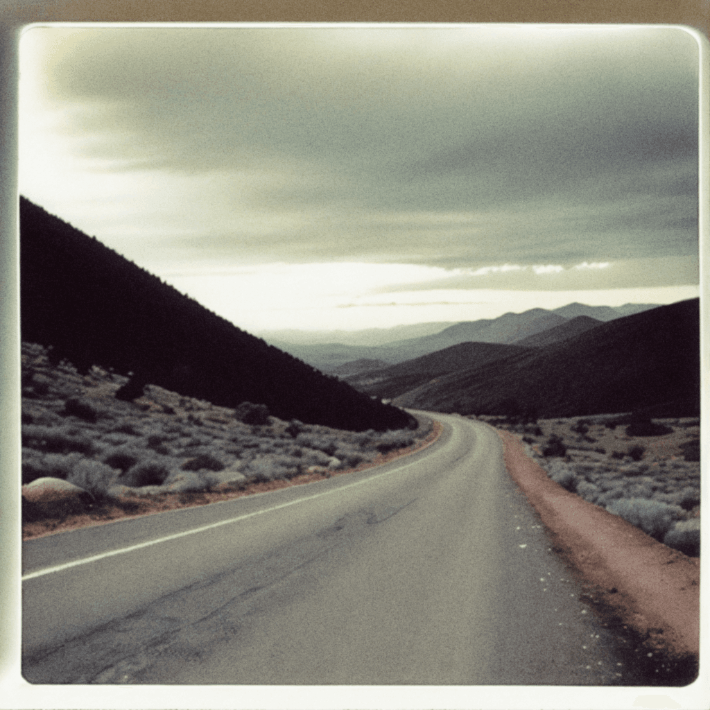 AI generated: a winding mountain road, road curves sharply to the left, bordered by rocky terrain and sparse veget...