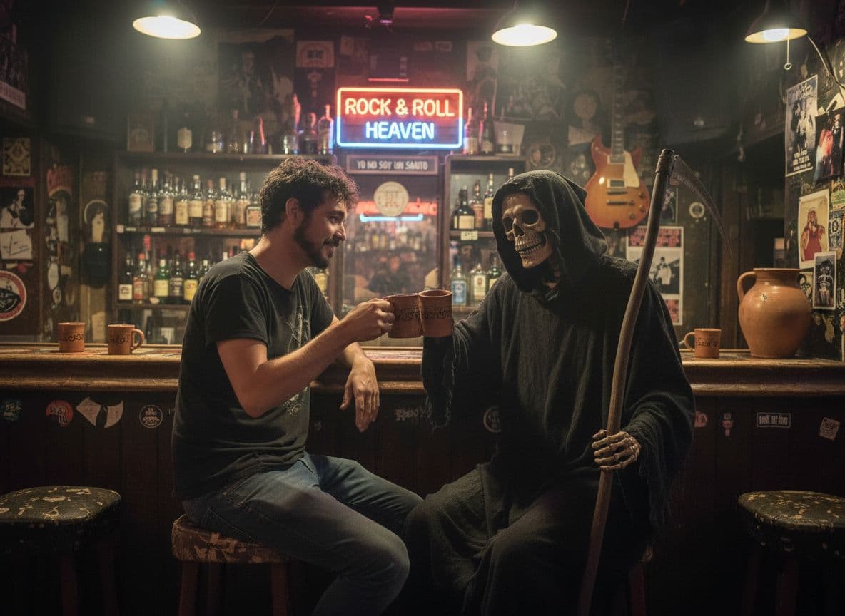 AI generated: Quiero que me des al tipo de las imágenes en un bar de Rock and roll bebiendo con la muerte. Quiero ...