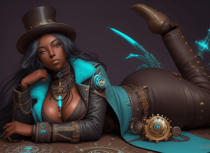 AI generated: dark skin, steampunk, coat, thick thighs, hypnosis, goddess, long hair, artificer, lying down, turqu...