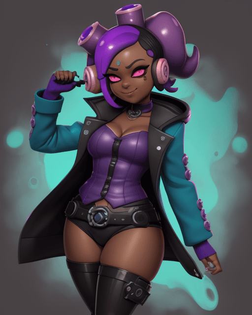AI generated: Splatoon, octoling, cyan, purple, dark skin, adult, thick thighs, chest, evil, happy, smug, coat, st...