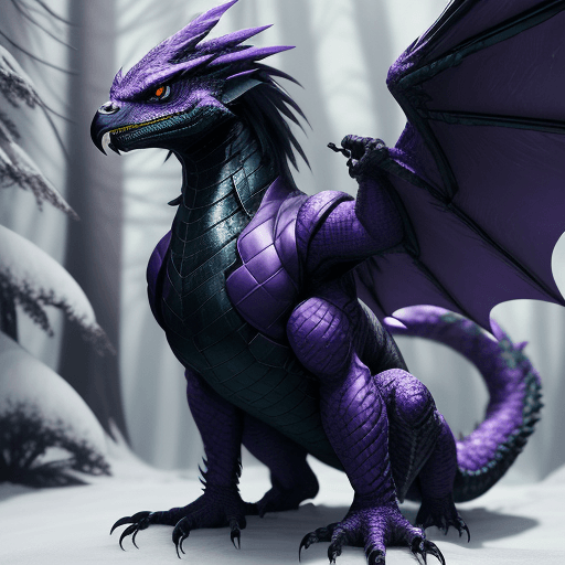 AI generated: handsome cute black dragon in snowy forest, wearing cyberpunk thanos jacket purple dark, dnd charact...