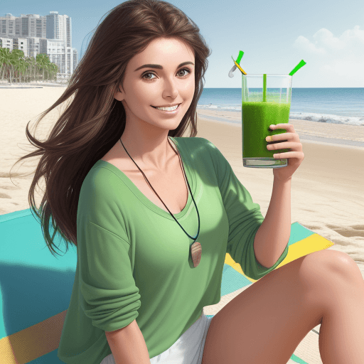 AI generated: Hyper realistic model, in beach clothes, posing on the beach, drinking green juice, dark brown hair,...