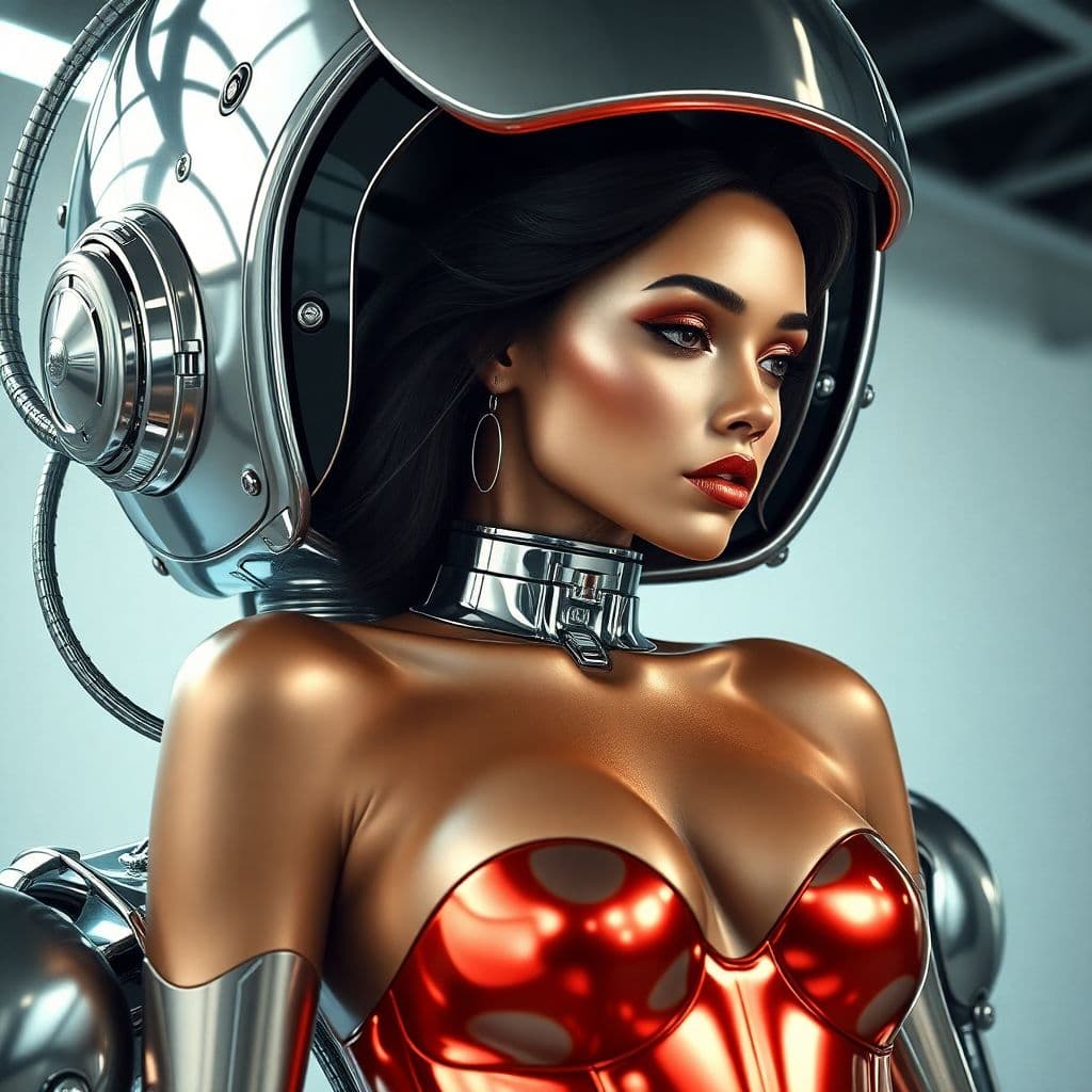 AI generated: Metallic beautiful gorgeous woman inside a giant robot, robot high tech, glamour posture, full of pi...