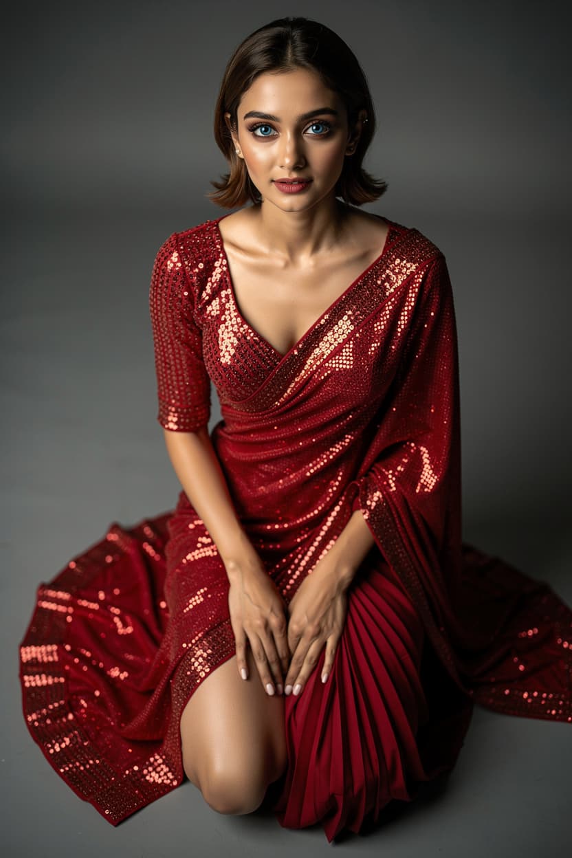 AI generated: Shot from above, 20 years old Indian lady kiara advani, [slim lady, slender lady], with big expressi...