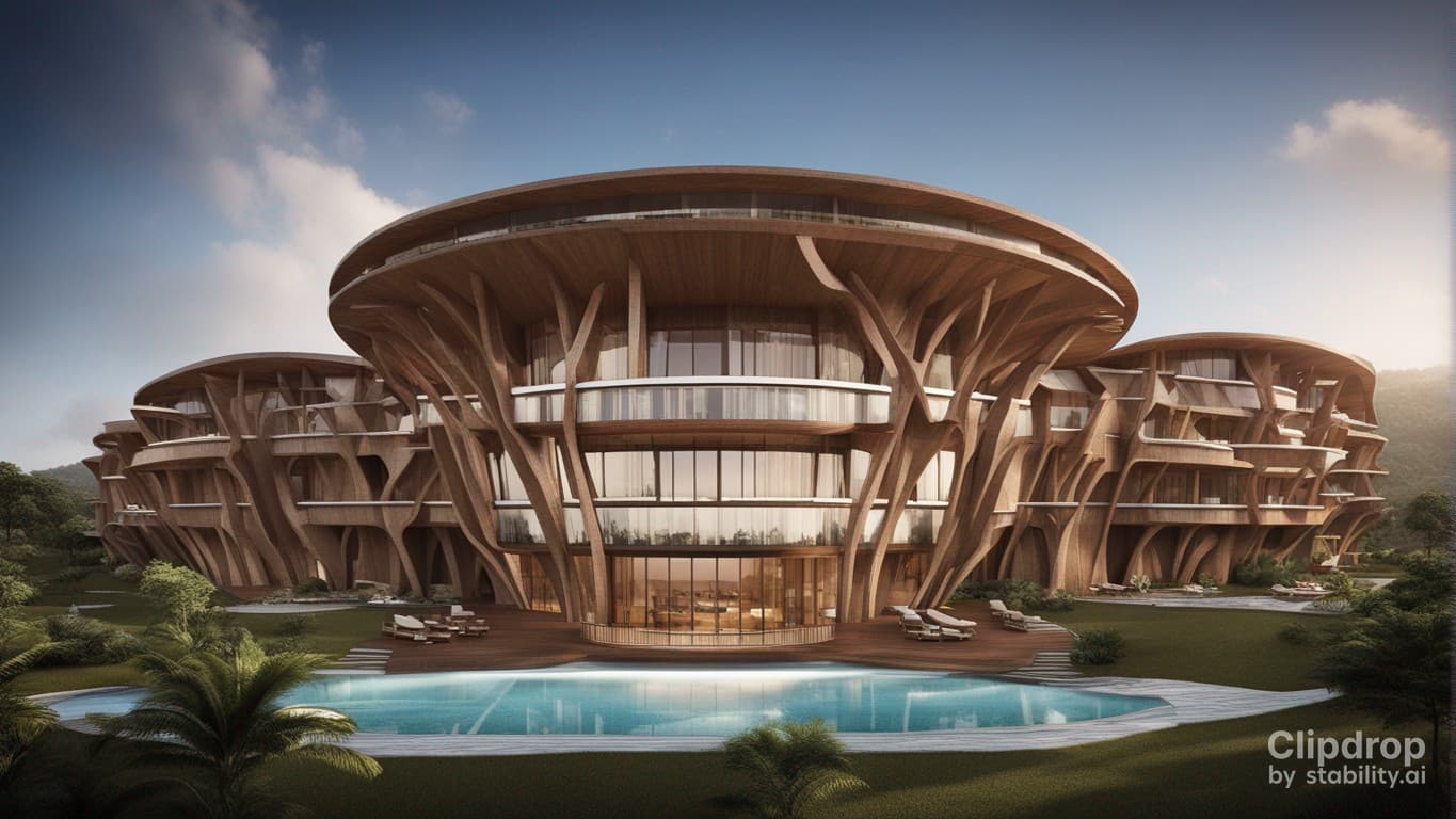 AI generated: a magnificent modern ecotourism site with a design of the peoples of Cameroon, swimming pools and be...