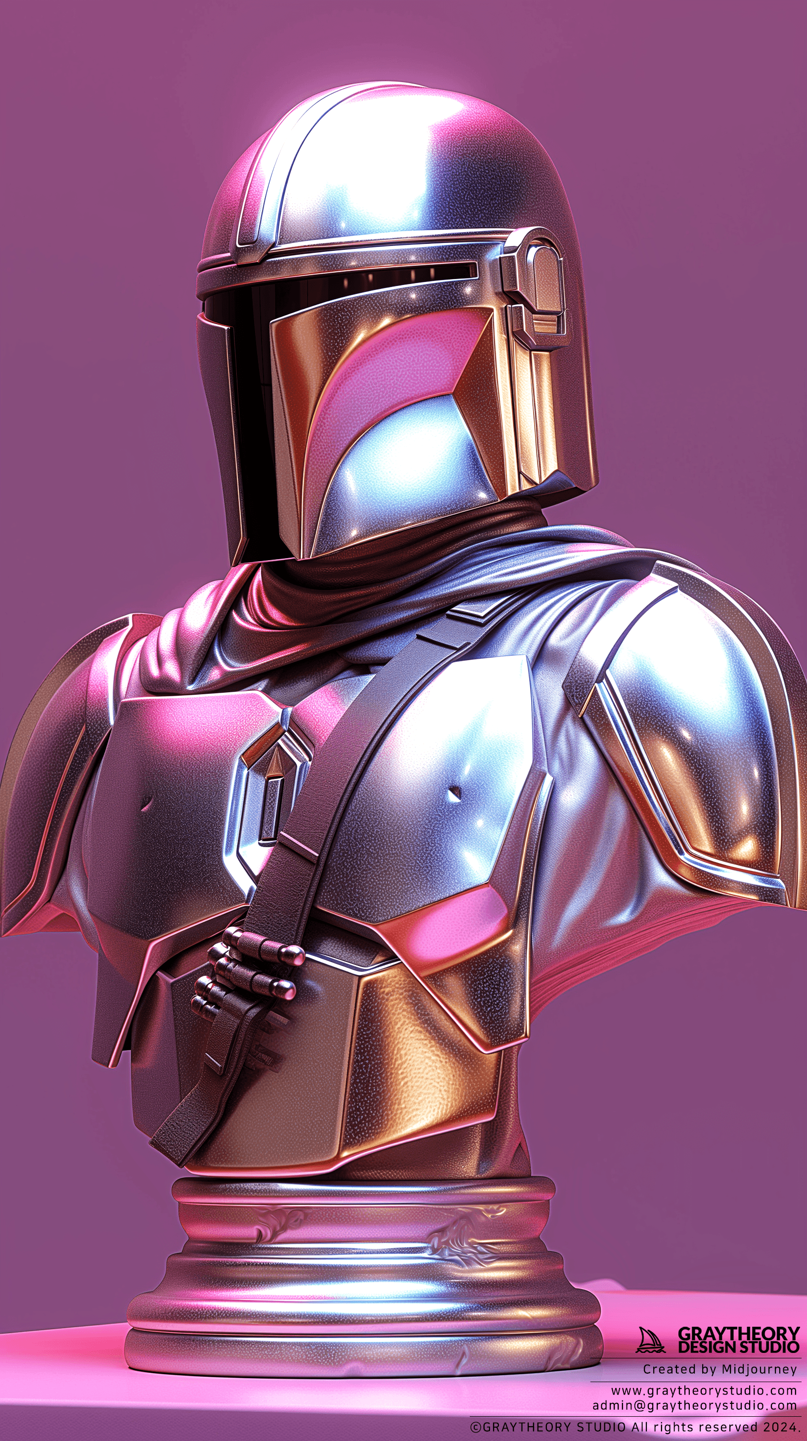 AI generated: Mandalorian, bust, side view, silver color, sleek, solid purple backdrop, rtx shader, realism studio...