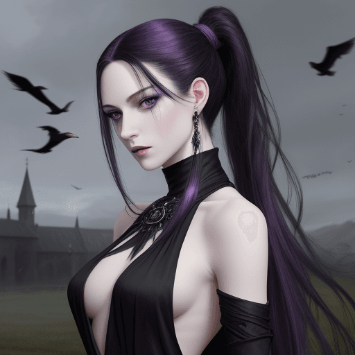 AI generated: high resolution, fantasy, pale skin, purple eyes, long black straight hair with a ponytail, crows in...