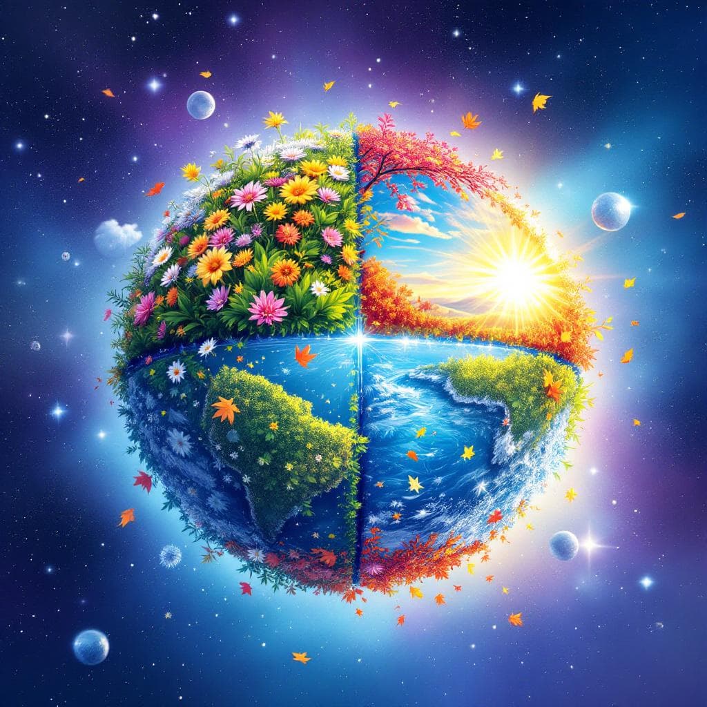 AI generated: A vibrant 2D illustration of a spherical world divided into four quadrants, each representing a seas...