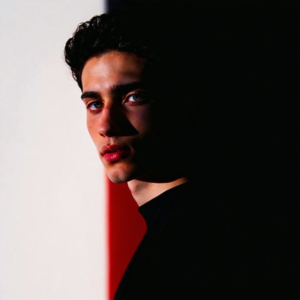 AI generated: shadowed model against a background that shifts from deep black to vibrant red, key lighting, soft d...
