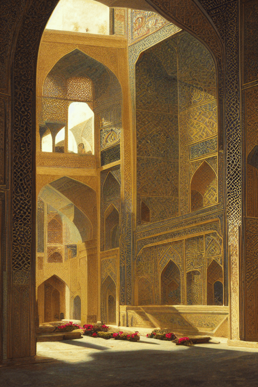 AI generated: Persian architecture, temple volume atrium light full of rose, hanging gardens, vibrant flowers, arc...