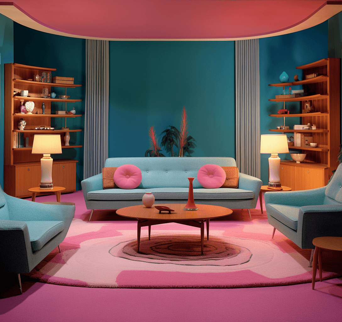 AI generated: a living room with pink walls, in the style of tex avery, pictorial dreams, purple and aquamarine, v...