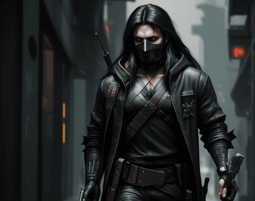 AI generated: Cyberpunk, robin hood, Heavy Pistol, stylish, masked, dark clothes, european, black long hair, male,...