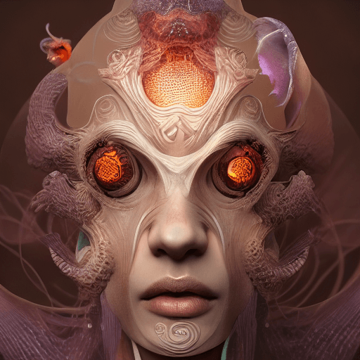 AI generated: Goddess close-up portrait ribcagel. jellyfish phoenix head, nautilus, orchid, skull, betta fish, bio...