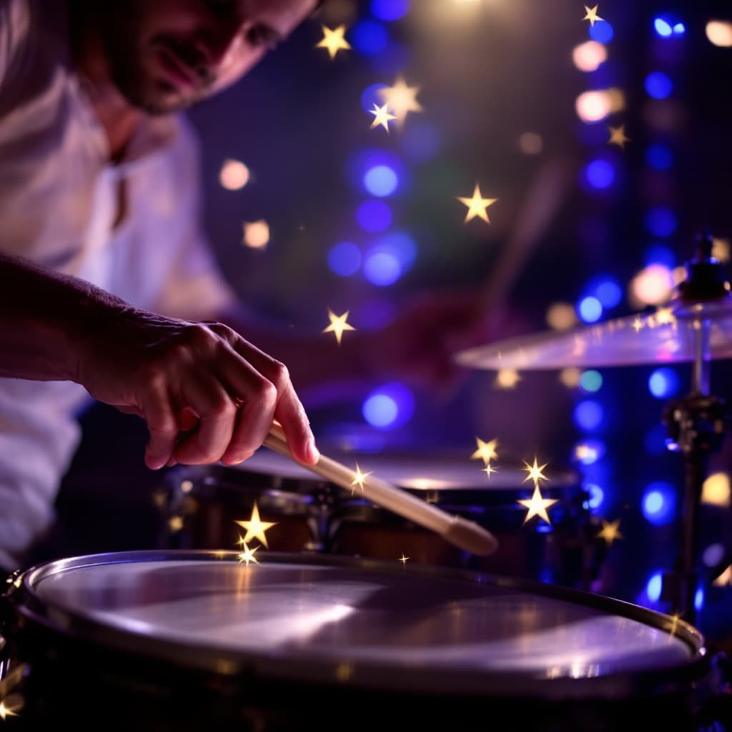 AI generated: Haz un video de tambores y perciusión tocando solos con luces brillantes