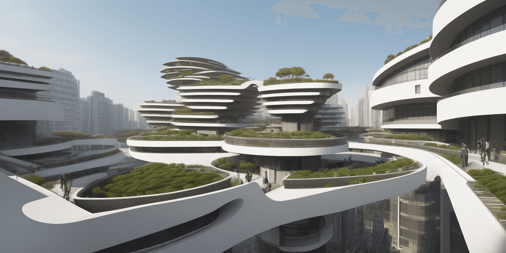 AI generated: an architectural futuristic building complex with two big buildings on either side, a bridge connect...